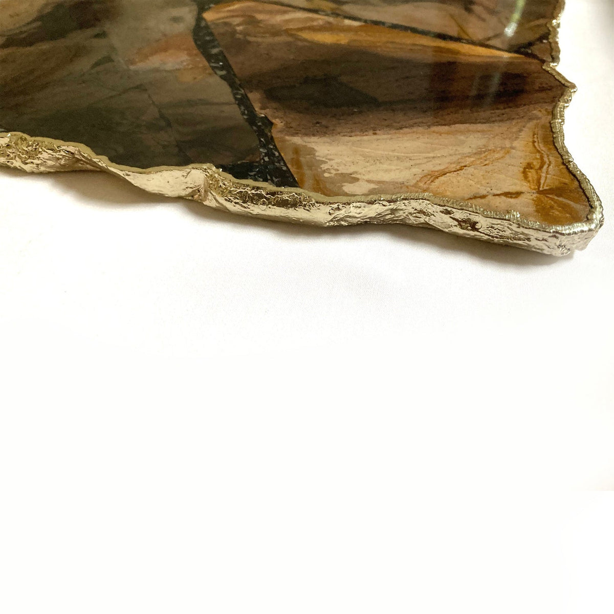 Large Brown Agate Serving Tray With Brass Handles
