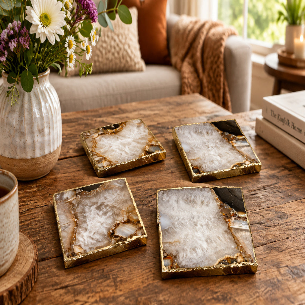 Brown and Cream Agate Square Natural Stone Coasters – Set of 4