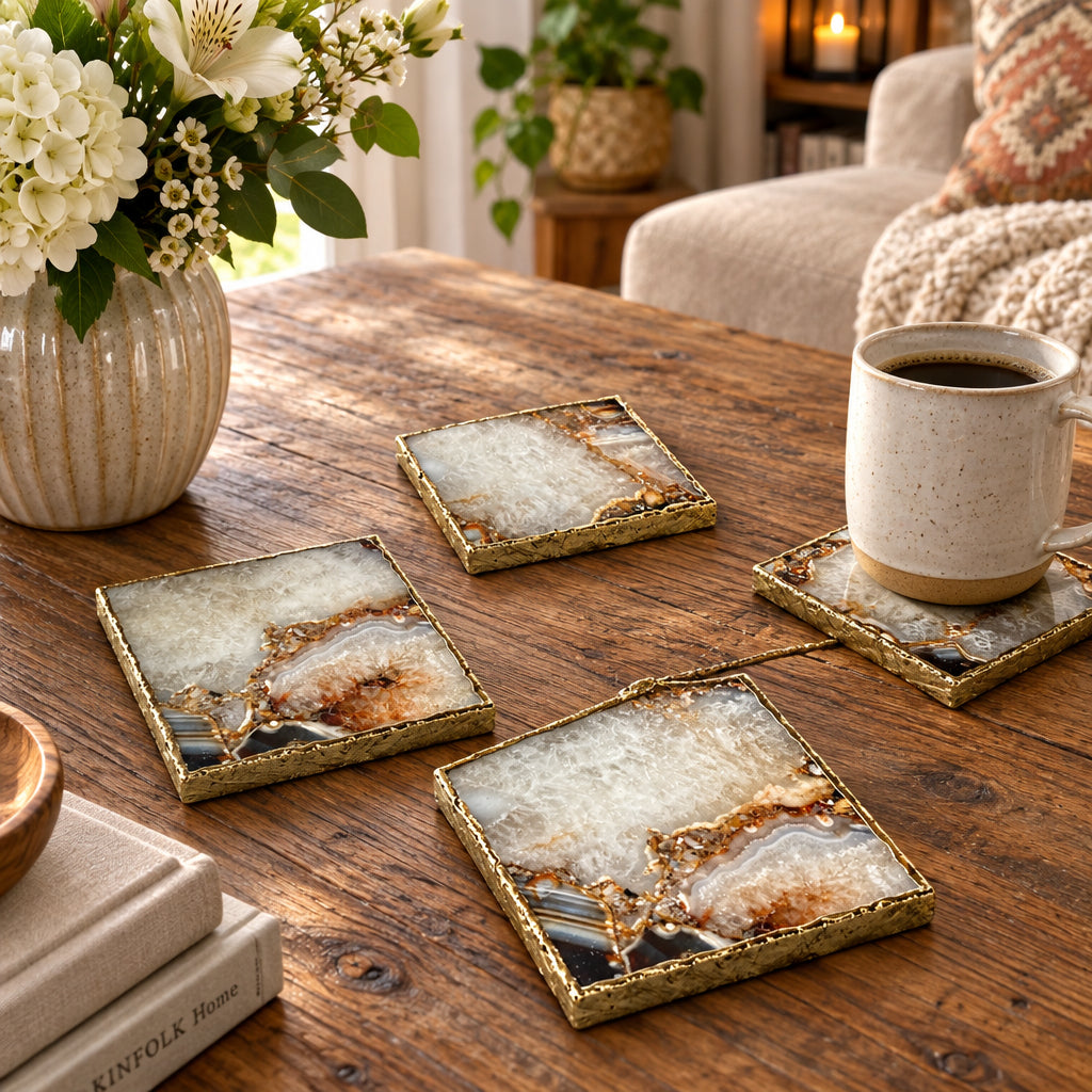 Brown and Cream Agate Square Natural Stone Coasters – Set of 4