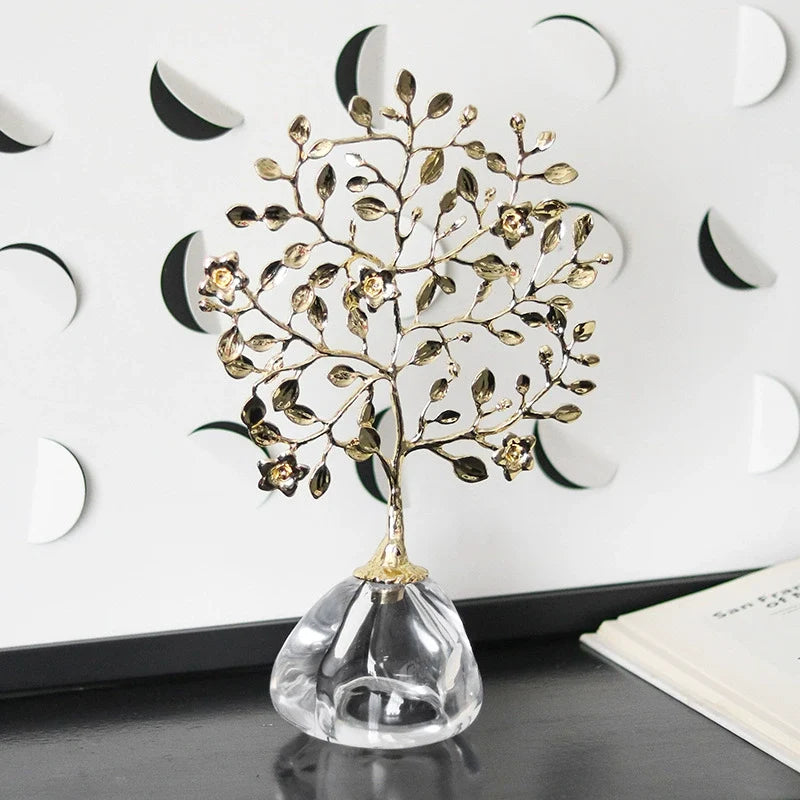 Golden Crystal Tree Ornament – Decorative Art Sculpture with Glass Base