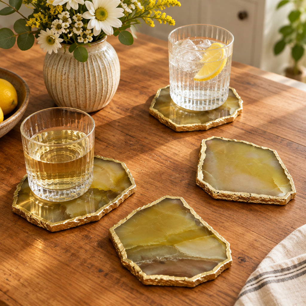 Mustard Aventurine Natural Edge Stone Coasters – Set of 4