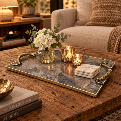 Smoky Quartz Serving Tray with Brass Handles