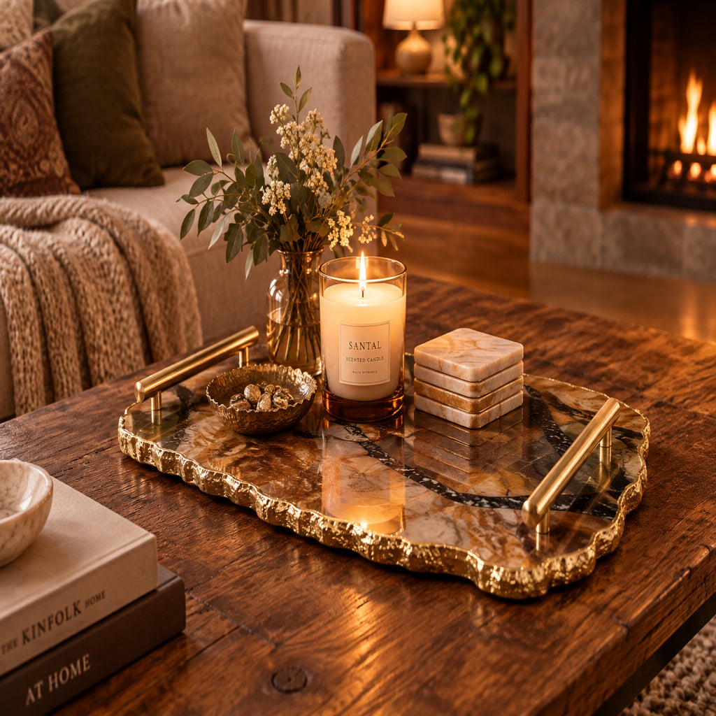Large Brown Agate Serving Tray With Brass Handles