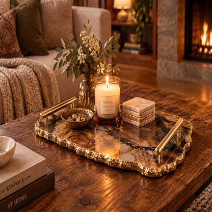 Large Brown Agate Serving Tray With Brass Handles