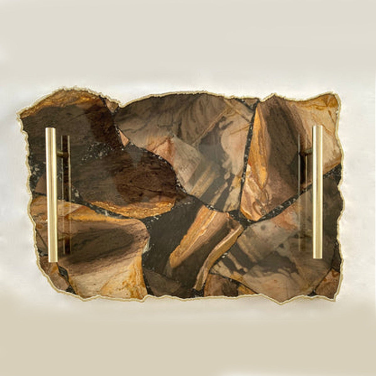 Large Brown Agate Serving Tray With Brass Handles