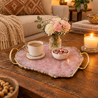 Rose Quartz Agate Serving Tray With Brass Loop Handles