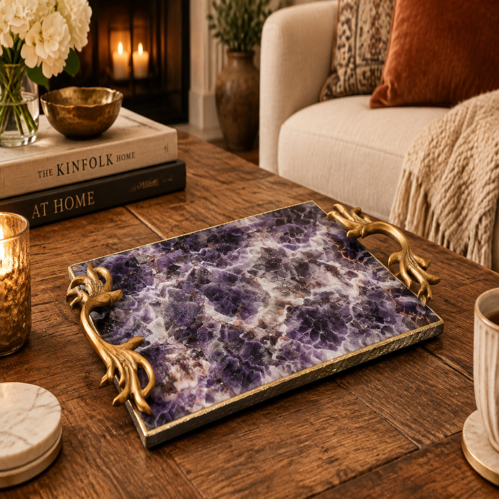 Amethyst Serving Tray with Brass Handles