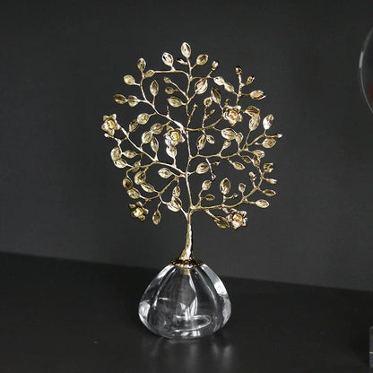 Golden Crystal Tree Ornament – Decorative Art Sculpture with Glass Base