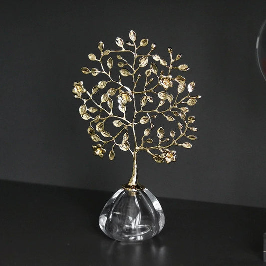 Golden Crystal Tree Ornament – Decorative Art Sculpture with Glass Base