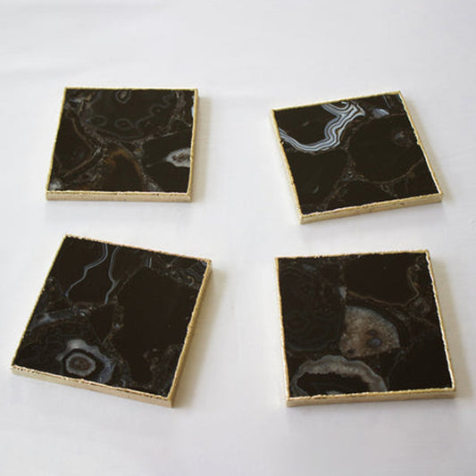 Black Agate Square Natural Stone Coasters – Set of 4