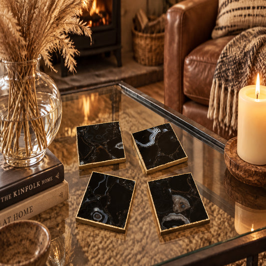 Black Agate Square Natural Stone Coasters – Set of 4