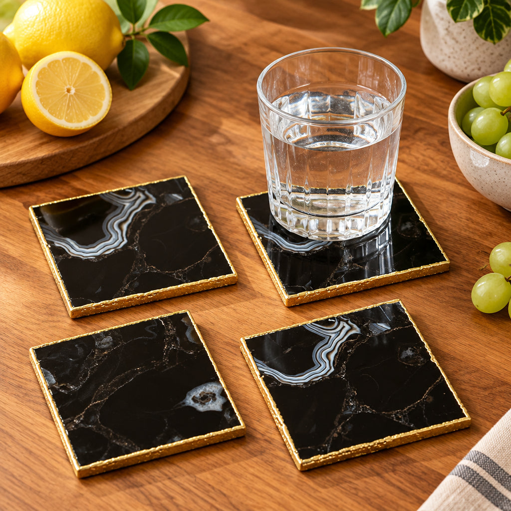 Black Agate Square Natural Stone Coasters – Set of 4