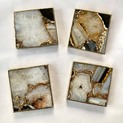 Brown and Cream Agate Square Natural Stone Coasters – Set of 4
