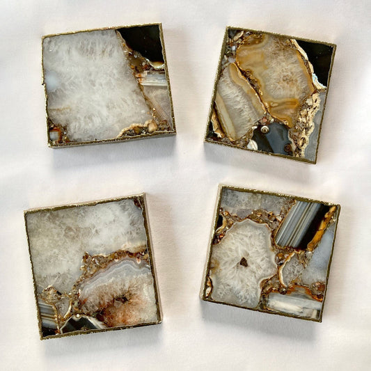 Brown and Cream Agate Square Natural Stone Coasters – Set of 4