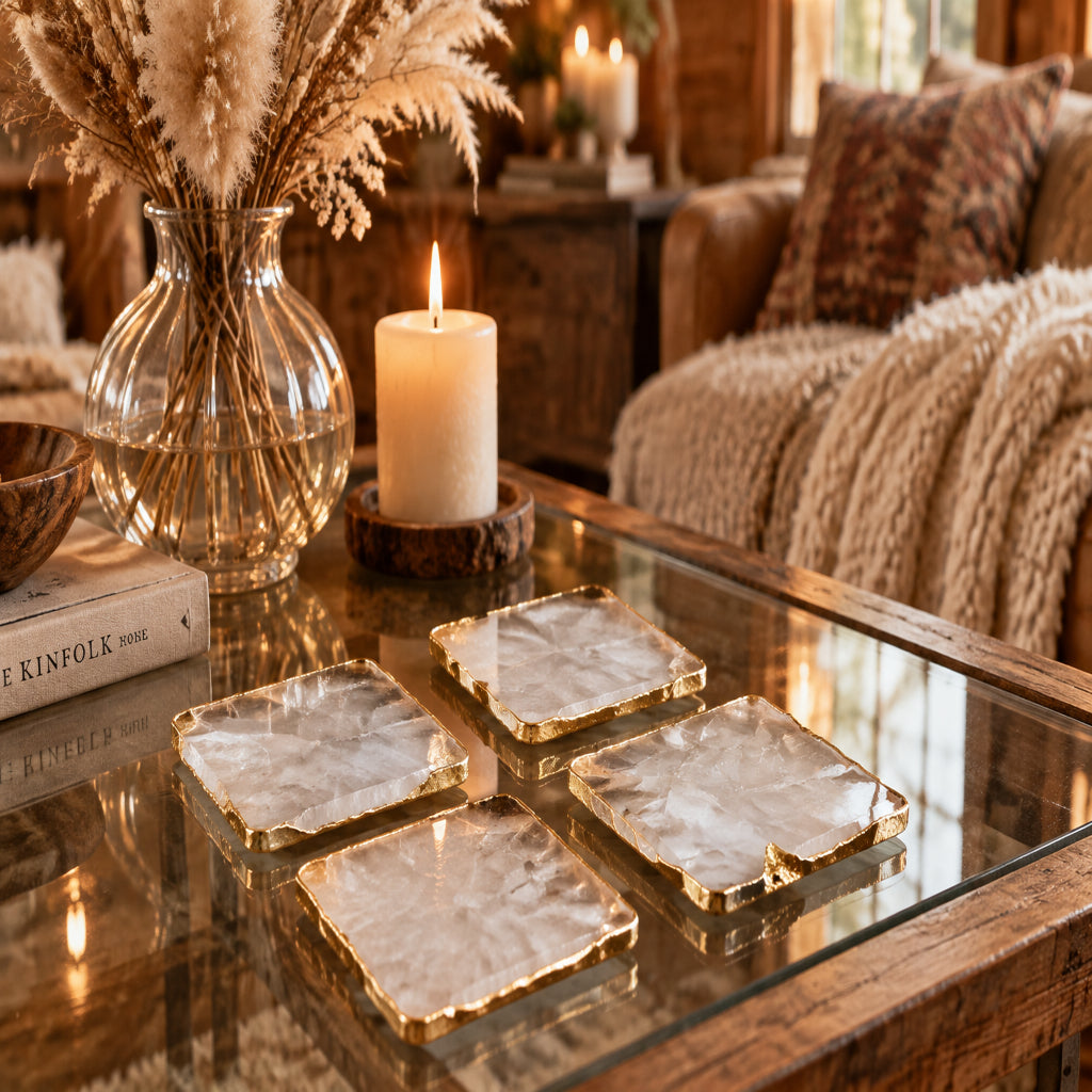 Square marble coasters with gold edges on a white surface