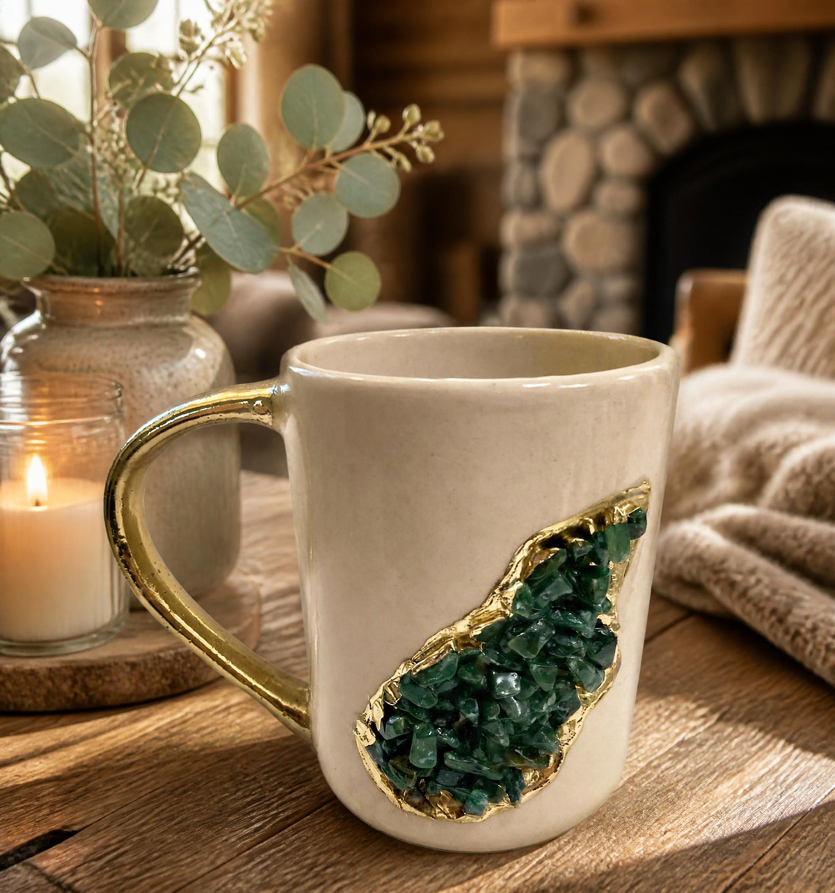 Wave - Handcrafted Set of 2 Crystal Classic Gemstone Cream Ceramic Mugs