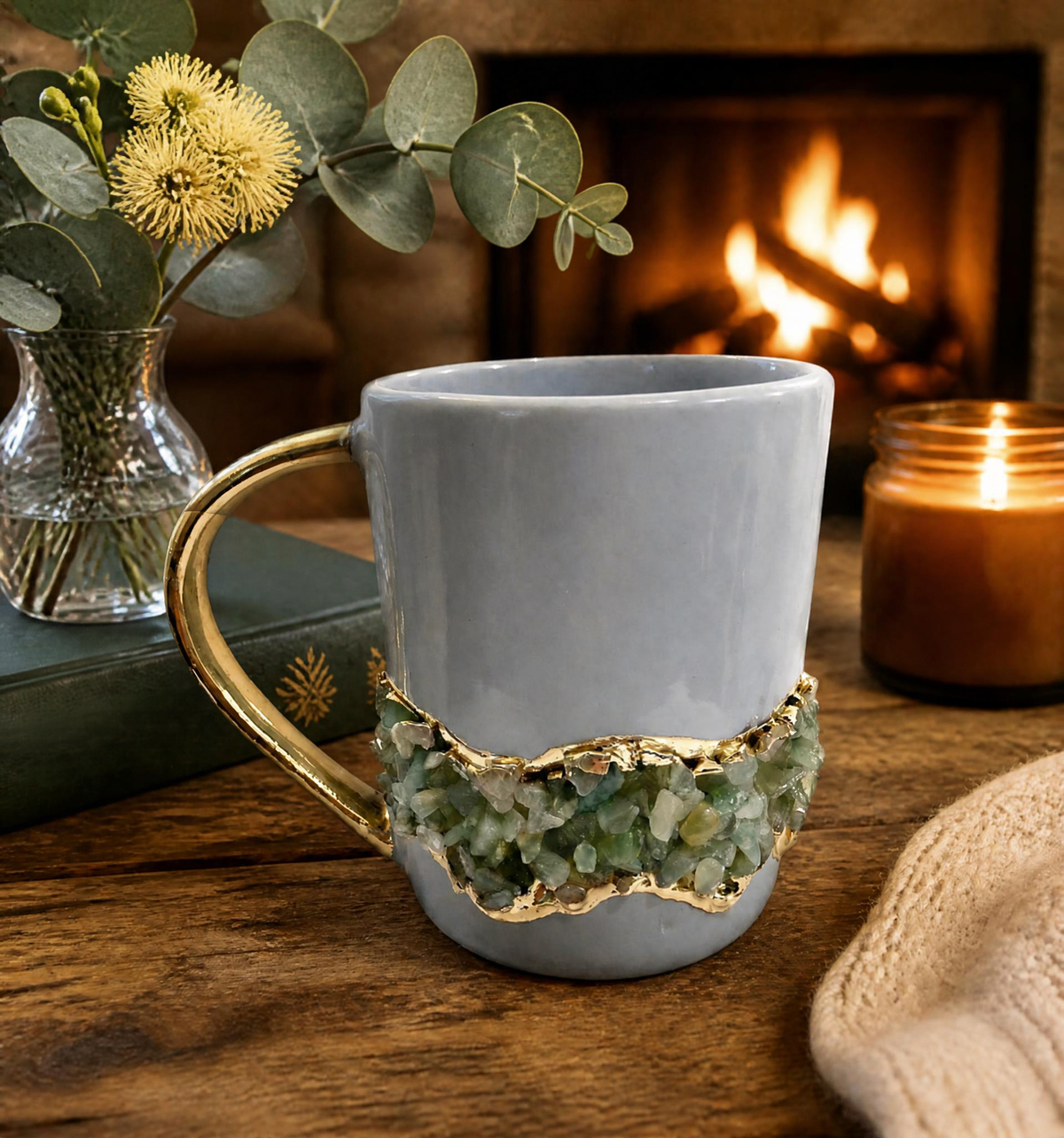 Flow - Handcrafted Set of 2 Crystal Chip Band Gray Ceramic Mugs