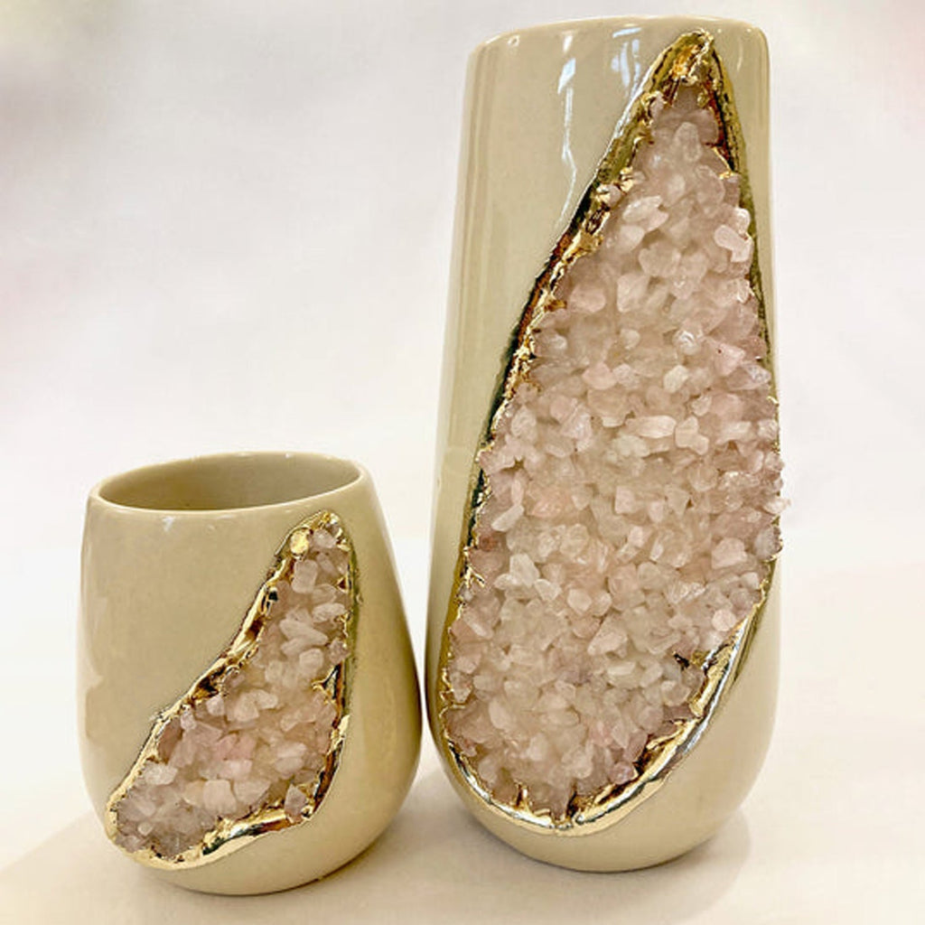 Handcrafted Cream Ceramic Vases with Agate Crystals