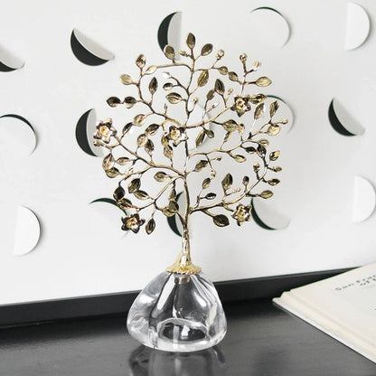 Golden Crystal Tree Ornament – Decorative Art Sculpture with Glass Base