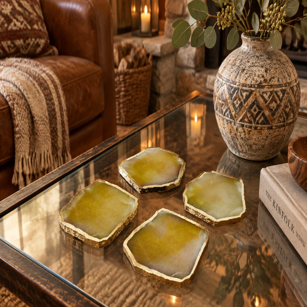 Mustard Aventurine Natural Edge Stone Coasters – Set of 4