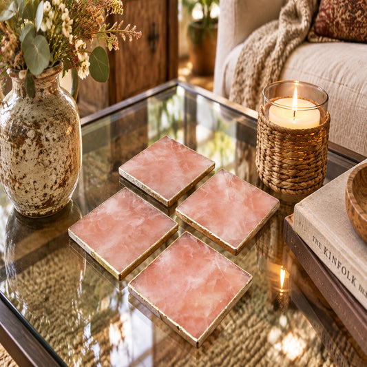 Rose Quartz Square Natural Stone Coasters – Set of 4