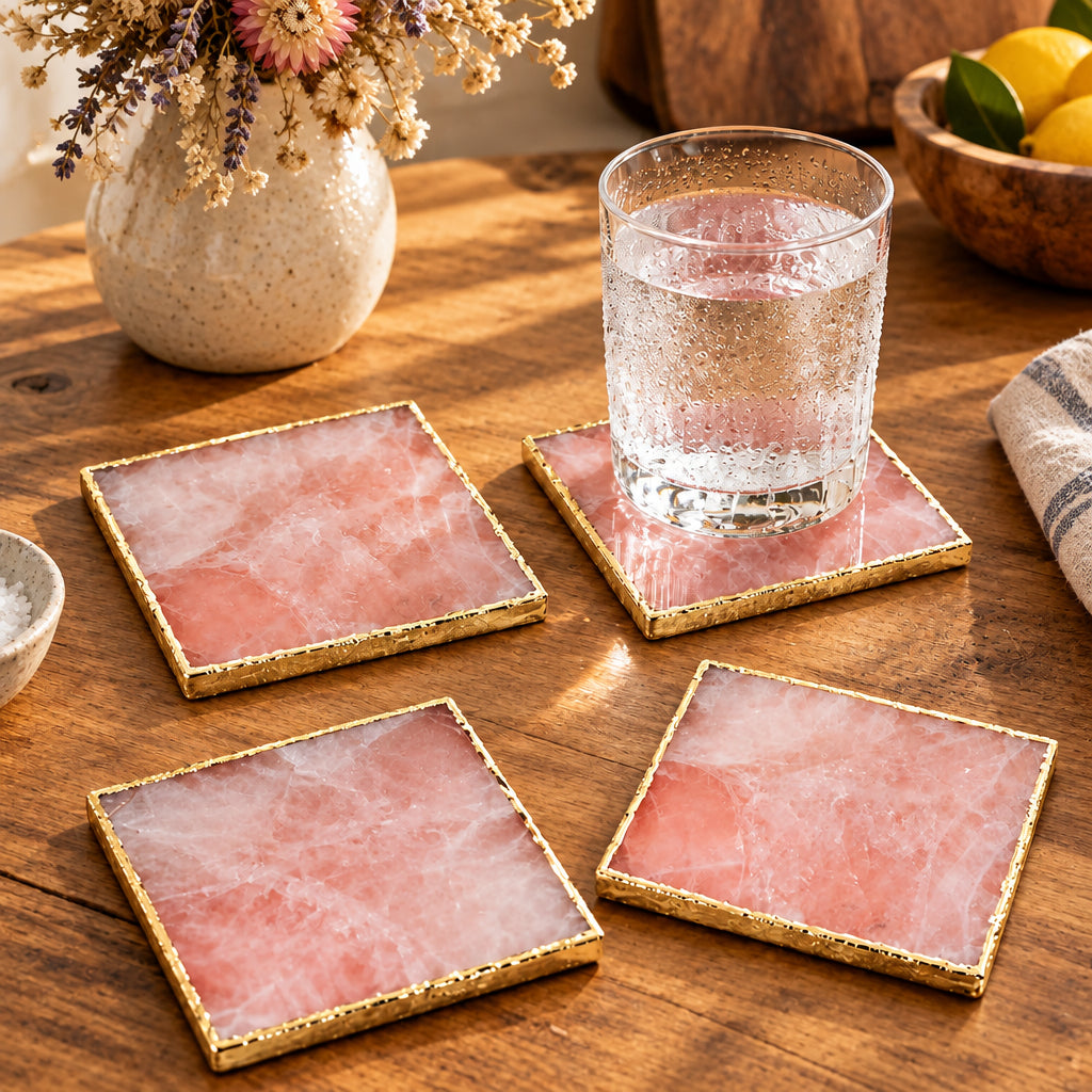 Rose Quartz Square Natural Stone Coasters – Set of 4