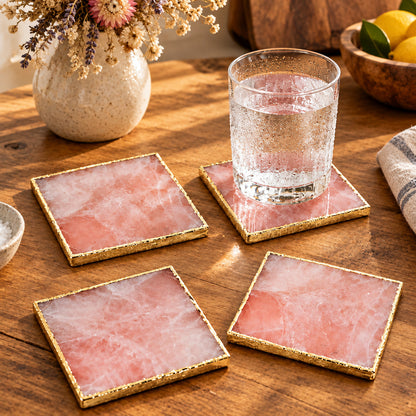 Rose Quartz Square Natural Stone Coasters – Set of 4