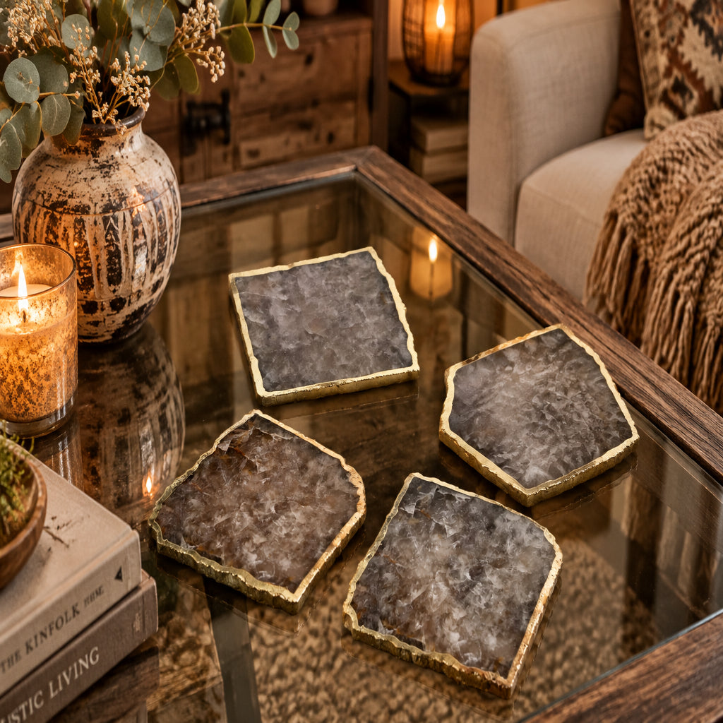 Smoky Gray Aventurine Natural Edge Stone Coasters – Set of 4