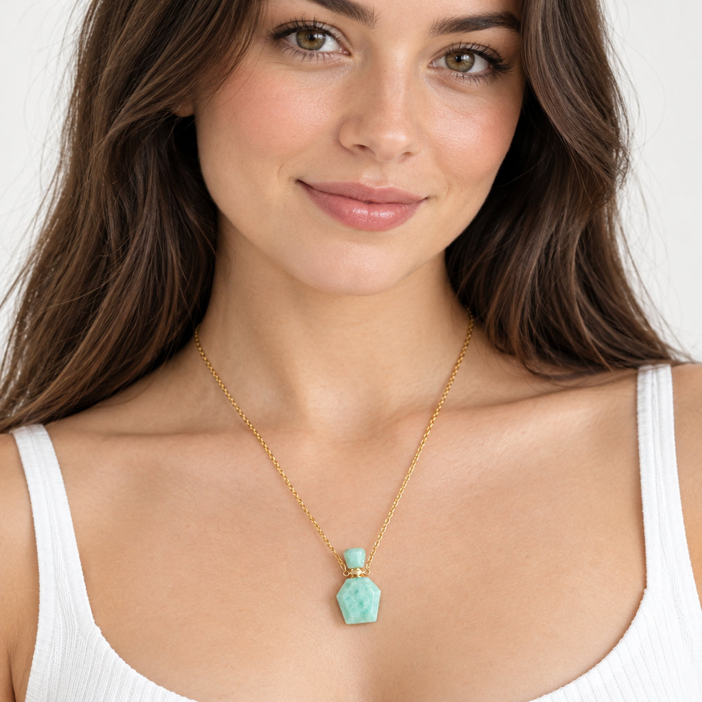 24K Gold-Plated Amazonite Crystal Aromatherapy Bottle Pendant