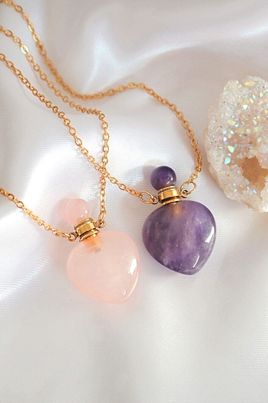 24K Gold-Plated Rose Quartz & Amethyst Heart Aromatherapy Bottle Pendants