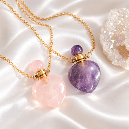 24K Gold-Plated Rose Quartz & Amethyst Heart Aromatherapy Bottle Pendants