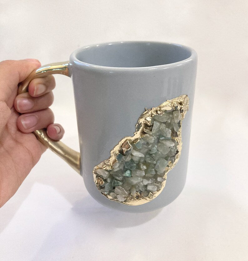 Wave - Handcrafted Set of 2 Crystal Classic Gemstone Gray Ceramic Mugs