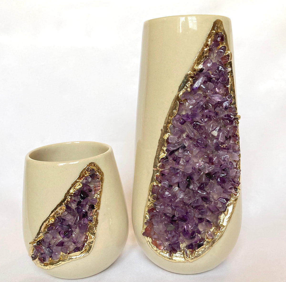 Handcrafted Cream Ceramic Vases with Agate Crystals