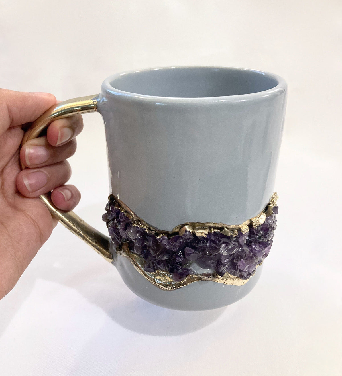 Flow - Handcrafted Set of 2 Crystal Chip Band Gray Ceramic Mugs