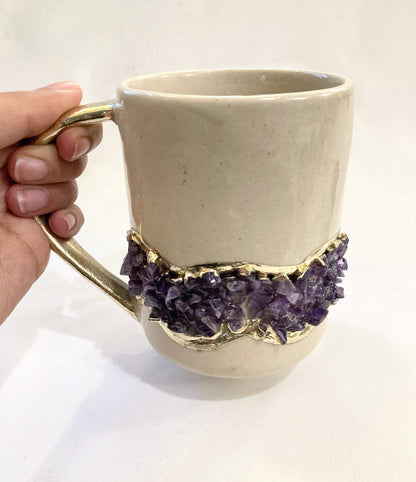 Flow - Handcrafted Set of 2 Crystal Chip Band Cream Ceramic Mugs